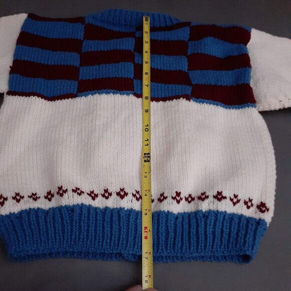 Hand Knitted  Cardigan Child Sweater Blue Maroon White Pattern Hand Handmade M L - Picture 4 of 8